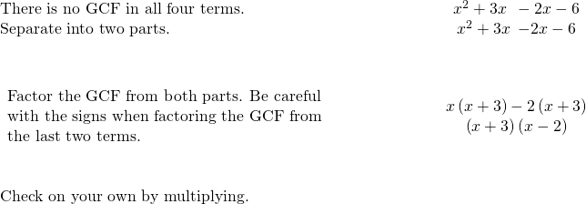 \begin{array}{cccc}\text{There is no GCF in all four terms.}\hfill & & & \hfill \phantom{\rule{4em}{0ex}}{x}^{2}+3x\phantom{\rule{0.5em}{0ex}}-2x-6\hfill \\ \text{Separate into two parts.}\hfill & & & \hfill \phantom{\rule{4em}{0ex}}\underset{⎵}{{x}^{2}+3x}\phantom{\rule{0.5em}{0ex}}\underset{⎵}{-2x-6}\hfill \\ \\ \\ \begin{array}{c}\text{Factor the GCF from both parts. Be careful}\hfill \\ \text{with the signs when factoring the GCF from}\hfill \\ \text{the last two terms.}\hfill \end{array}\hfill & & & \hfill \phantom{\rule{4em}{0ex}}\begin{array}{c}\hfill x\left(x+3\right)-2\left(x+3\right)\hfill \\ \hfill \left(x+3\right)\left(x-2\right)\hfill \end{array}\hfill \\ \\ \\ \text{Check on your own by multiplying.}\hfill & & & \end{array}