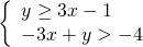 \left\{\begin{array}{c}y\ge 3x-1\hfill \\ -3x+y>-4\hfill \end{array}