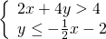 \left\{\begin{array}{c}2x+4y>4\hfill \\ y\le -\frac{1}{2}x-2\hfill \end{array}