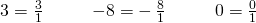 Rendered by QuickLaTeX.com \begin{array}{ccccccc}\hfill 3=\frac{3}{1}\hfill & & & \hfill -8=-\phantom{\rule{0.2em}{0ex}}\frac{8}{1}\hfill & & & \hfill 0=\frac{0}{1}\hfill \end{array}