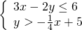 \left\{\begin{array}{c}3x-2y\le 6\hfill \\ y>-\frac{1}{4}x+5\hfill \end{array}