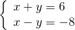 \left\{\begin{array}{c}x+y=6\hfill \\ x-y=-8\hfill \end{array}