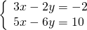 \left\{\begin{array}{c}3x-2y=-2\hfill \\ 5x-6y=10\hfill \end{array}