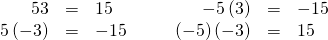 Rendered by QuickLaTeX.com \begin{array}{cccccccc}\hfill 5·3& =\hfill & 15\hfill & & & \hfill -5\left(3\right)& =\hfill & -15\hfill \\ \hfill 5\left(-3\right)& =\hfill & -15\hfill & & & \hfill \left(-5\right)\left(-3\right)& =\hfill & 15\hfill \end{array}