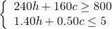 \phantom{\rule{3em}{0ex}}\left\{\begin{array}{c}240h+160c\ge 800\hfill \\ 1.40h+0.50c\le 5\hfill \end{array}