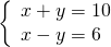 \left\{\begin{array}{c}x+y=10\hfill \\ x-y=6\hfill \end{array}