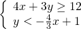 \left\{\begin{array}{c}4x+3y\ge 12\hfill \\ y<-\frac{4}{3}x+1\hfill \end{array}