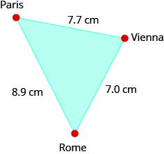 This is an image of a triangle. Clockwise beginning at the top, each vertex is labeled. The top vertex is labeled 