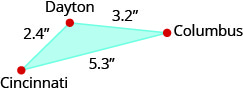 This is an image of a triangle. Clockwise beginning at the top, each vertex is labeled. The top vertex is labeled 