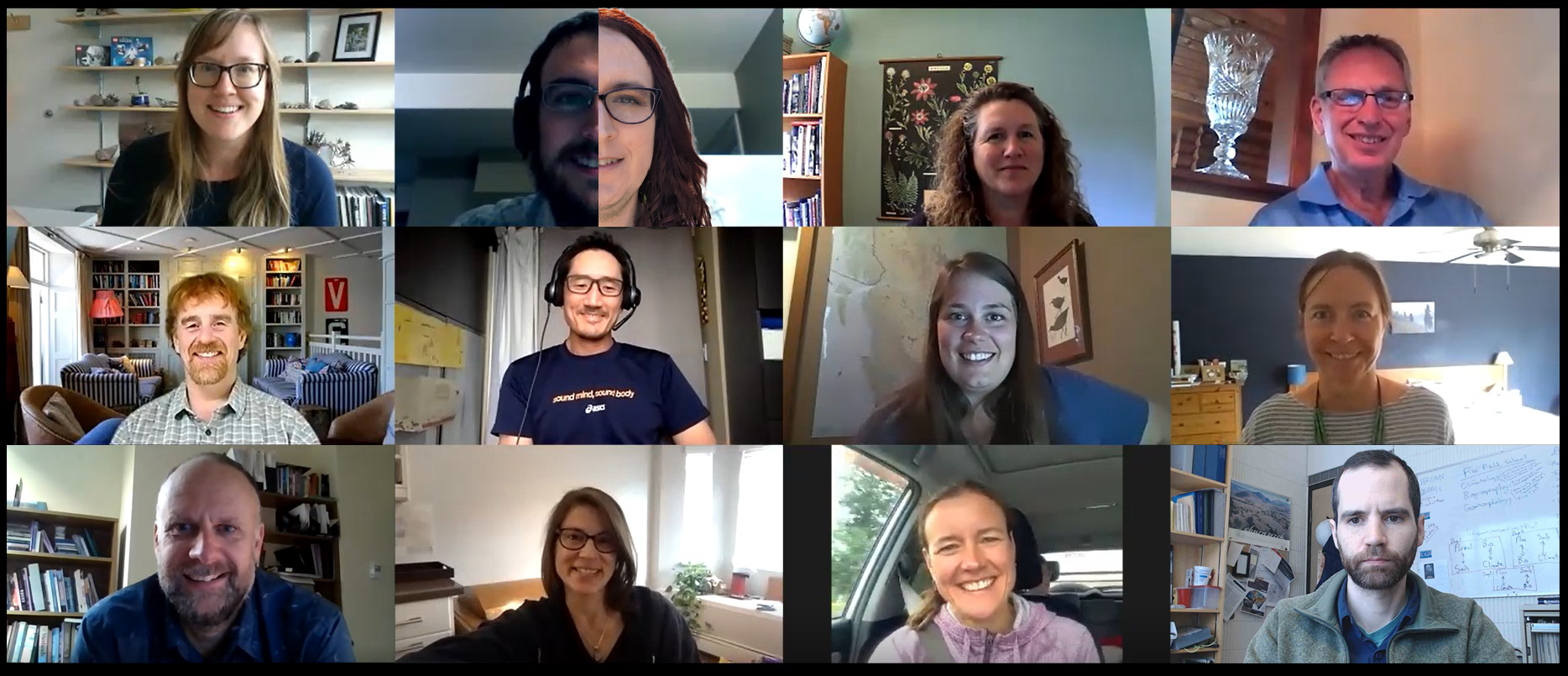 A screenshot of a Zoom room showing twelve people smiling.