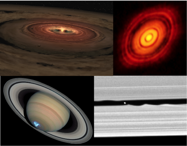 Figure 22.7 Protoplanetary disks and Saturn’s rings. Upper left: An artists impression of a protoplanetary disk containing gas and dust, surrounding a new star. [NASA/ JPL-Caltech, http://1.usa.gov/1E5tFJR] Upper right: A photograph of the protoplanetary disk surrounding HL Tauri. The dark rings within the disk are thought to be gaps where newly forming planets are sweeping up dust and gas. [ALMA (ESO/NAOJ/NRAO) http://bit.ly/1KNCq0e]. Lower left: A photograph of Saturn showing similar gaps within its rings. The bright spot at the bottom is an aurora, similar to the northern lights on Earth. [NASA, ESA, J. Clarke (Boston University), and Z. Levay (STScI) http://bit.ly/1IfSCX5] Lower right: a close-up view of a gap in Saturn’s rings showing a small moon as a white dot. [NASA/JPL/Space Science Institute, http://1.usa.gov/1g2EeYw]