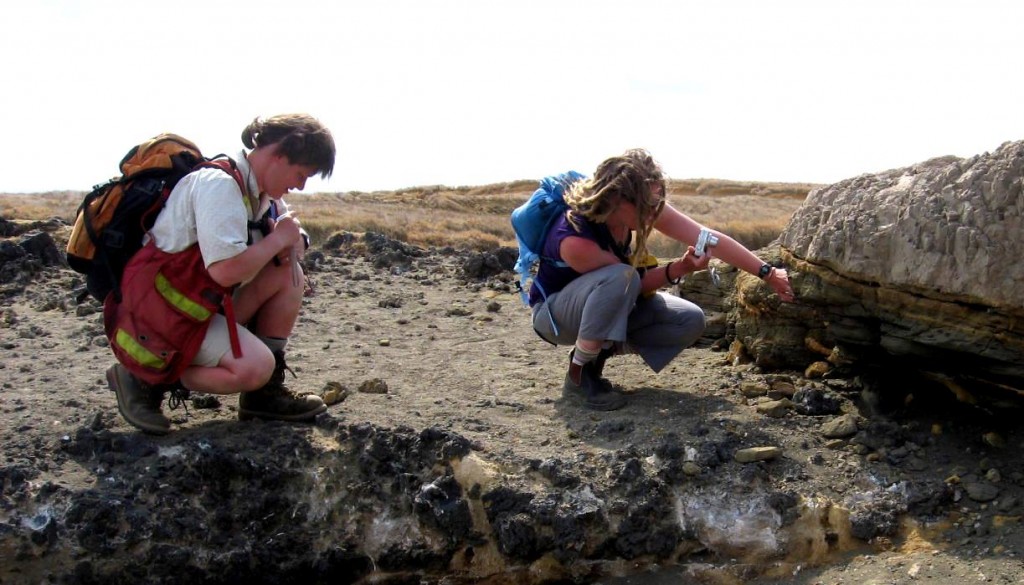 geologii care examinează stratul de cenușă