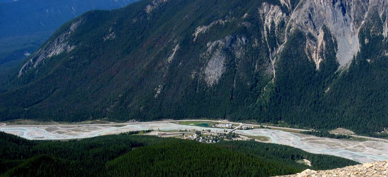 Figure 13.19 The braided channel of the Kicking Horse River at Field, B.C. [SE]