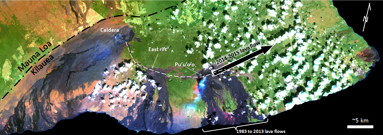 Atellitenbild des Kilauea-Vulkans, das den Ostgraben und den Pu'u 'O'o zeigt, den Ort der Eruption, die 1983 begann.