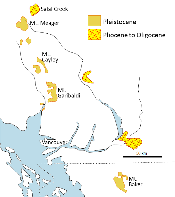 Figure 21.30 Oligocene to Pleistocene igneous complexes and volcanoes in southwestern B.C. and adjacent Washington [SE]