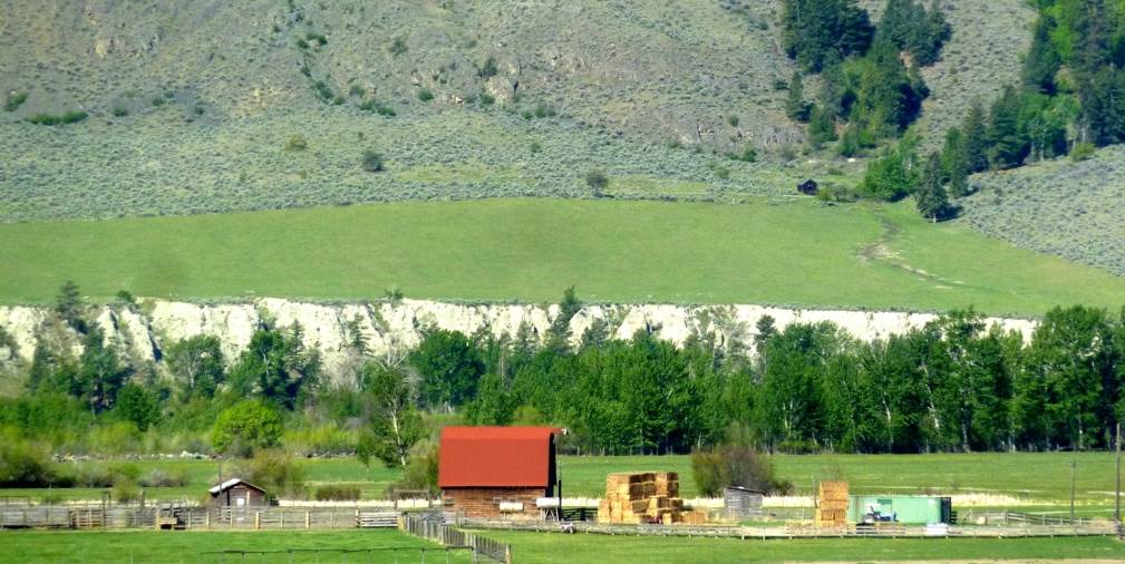 Figuur 13.10 Een voorbeeld van een verandering in het basisniveau van een kleine beek die uitmondt in de rivier de Similkameen nabij Keremeos. Het vorige basisniveau was dicht bij de bovenkant van de zandige oever. Het huidige basisniveau is de rivier.