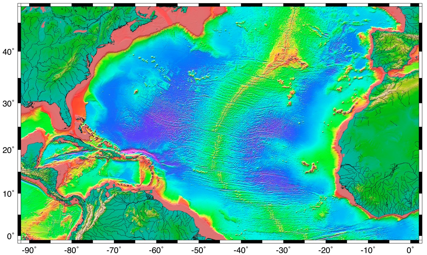 Figure 18.2 The topography of the Atlantic Ocean sea floor between 0° and 50° north. Red and yellow colours indicate less than 2,000 m depth; green less than 3,000 m; blue 4,000 m to 5,000 m; and purple greater than 6,000 m. [from NASA/CNES at: http://topex.ucsd.edu/marine_topo/jpg_images/topo8.jpg]