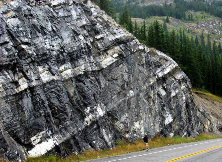 Figure 6.19 The Triassic Sulphur Mt. Formation near to Exshaw, Alberta. Bedding is defined by differences in colour and texture, and also by partings (gaps)between beds that may otherwise appear to be similar.