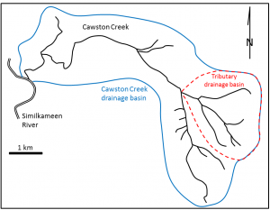 Figuur 13.4 Cawston Creek bij Keremeos, B.C. De blauwe lijn geeft de omvang van het afwateringsgebied aan. De gestippelde rode lijn is het afwateringsgebied van een van zijn zijrivieren.