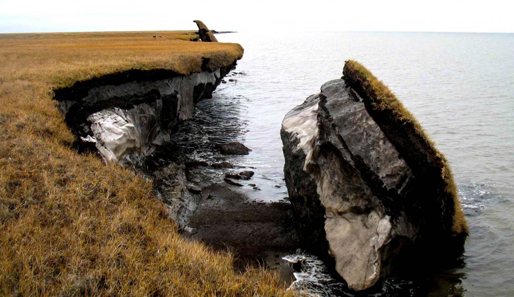 Figure 19.8 A degrading permafrost site on the north coast of Alaska [http://alaska.usgs.gov/science/interdisciplinary_science/cae/images/theme2_fig2_lg.jpg]