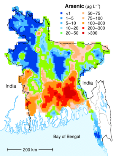 Figure 14.18 The distribution of arsenic in groundwater in Bangladesh. The WHO recommended safe level for arsenic is 10 μg/L. All of the green, orange, and red areas on the map exceed that limit. [From: BGS and DPHE. 2001. Arsenic contamination of groundwater in Bangladesh. Kinniburgh, D G and Smedley, P L (Editors). British Geological Survey Technical Report WC/00/19. British Geological Survey: Keyworth. (http://www.bgs.ac.uk/arsenic/bangladesh/) ]