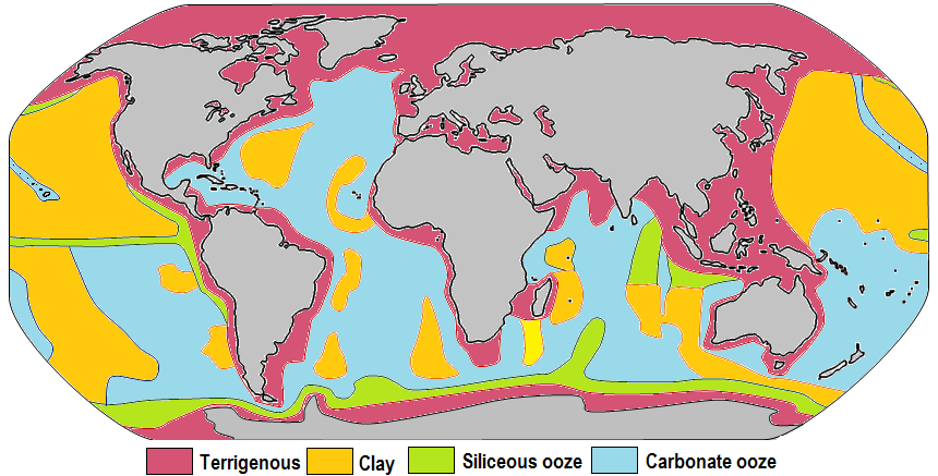 Figure 18.9 The distribution of sediment types on the sea floor. Within each coloured area, the type of material shown is what dominates, although other materials are also likely to be present. [SE]