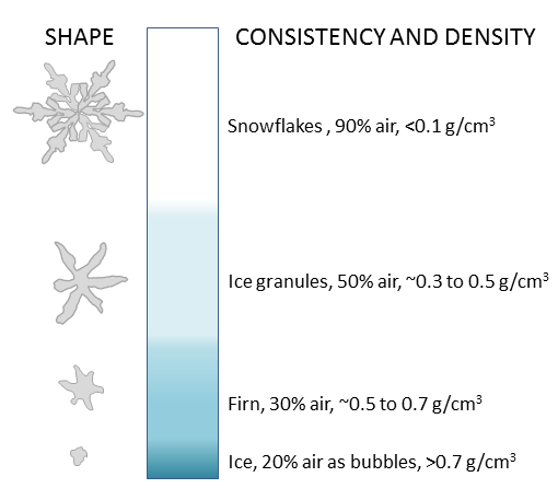 Figure 16.11 Steps in the process of formation of glacial ice from snow, granules, and firn. [SE]