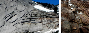 Figure 12.9 Granito na área de Coquihalla Creek, B.C. (esquerda) e arenito em Nanoose, B.C. (direita), ambos mostrando fratura que resultou da expansão devido à remoção de rochas sobrejacentes. 