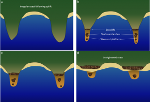 Figure 17.15 Evolution of a straightened coast through the erosion to stacks and arches, sea cliffs, and wave-cut platforms [SE]