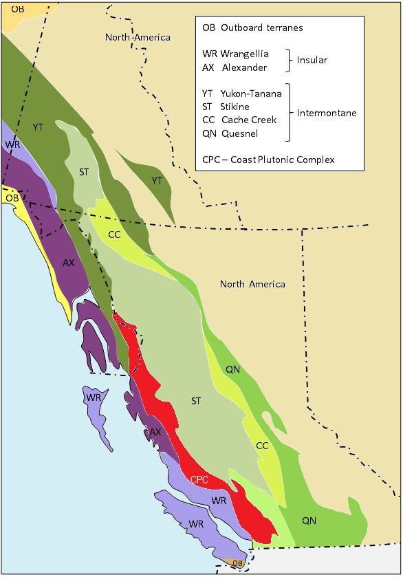 Figure 21.14 A generalized overview of the accreted terranes of B.C., Yukon, and Alaska. The Intermontane terranes are in green, the Insular terranes in purple, and the Outboard terranes in yellow. The Coast Plutonic Complex (CPC) formed in situ and is not a terrane. [SE after Yukon and BC Geological Surveys]