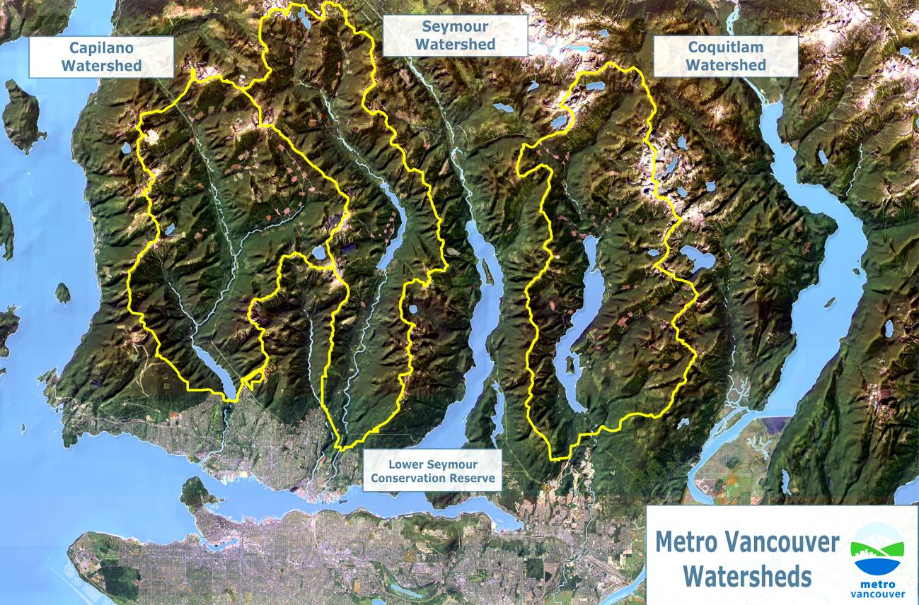 Figure 13.6 Les trois bassins hydrographiques utilisés pour l'approvisionnement en eau de Metro Vancouver.