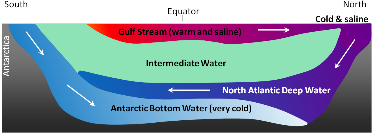 Figure 18.17 A depiction of the vertical movement of water along a north-south cross-section through the Atlantic basin [SE]