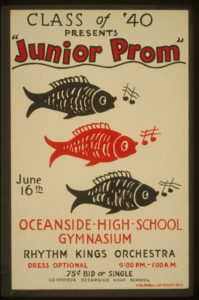 a junior prom poster with 3 fish and 2 music notes lining up vertically 