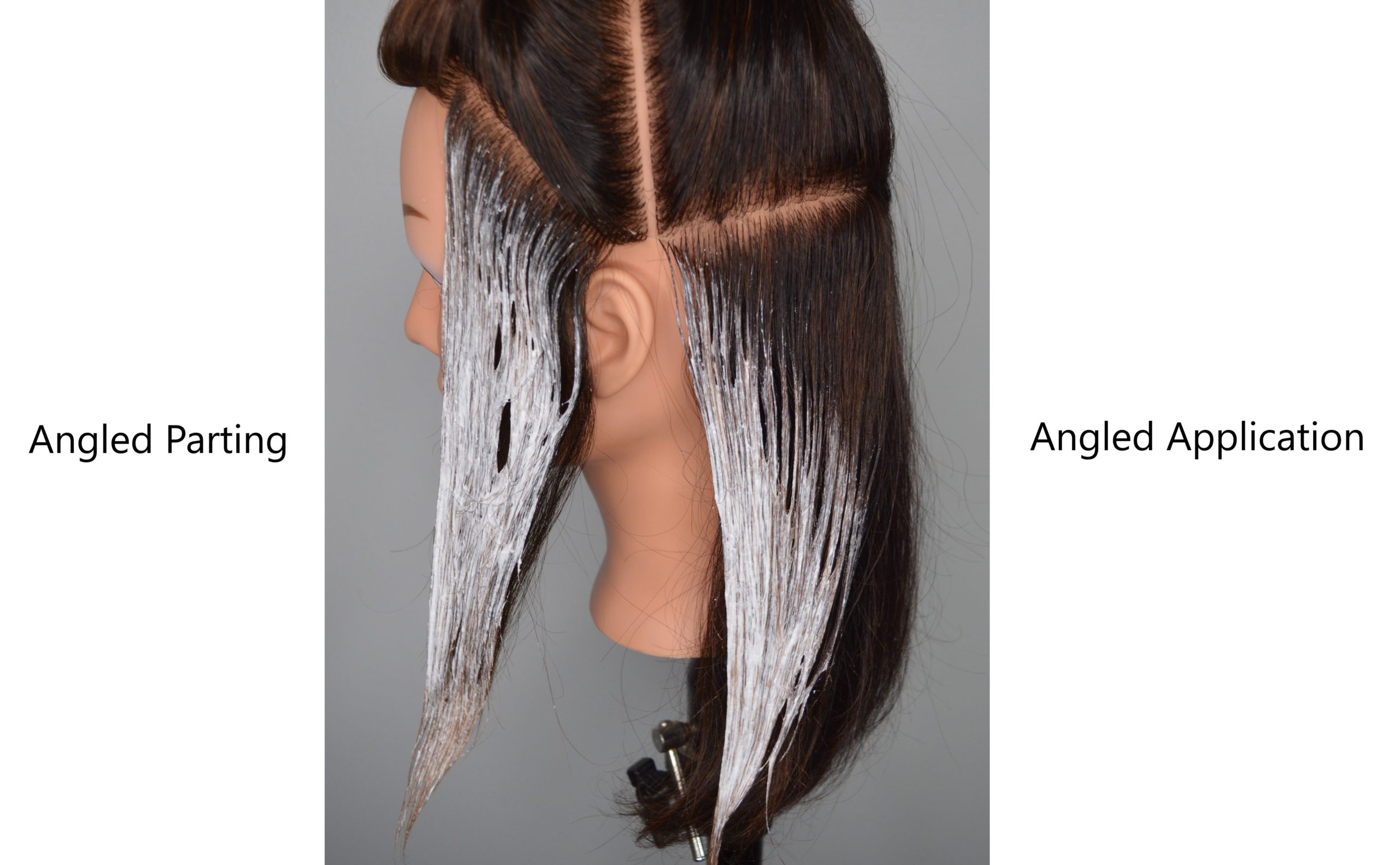 Two sections of hair. One is parted on an angle and the other shows an angled application.