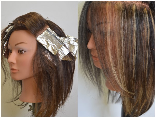 A number of foils placed diagonally around the side of the head. Results show blended and varried thin strips of lighter hair.