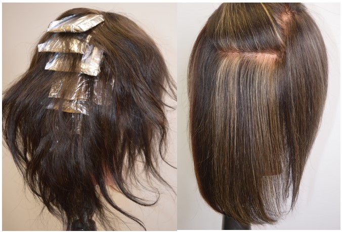 Four foils placed horizontally at the back of the head. Results show a thin curtain of lighter hair.