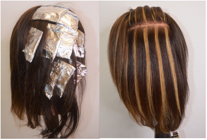 A number of foils placed virtically around the head. The results show sharp virtical strips of lighter hair.