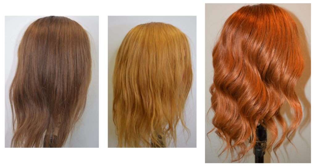 Three mannequin showing hair before colouring, after lightening, and after toning.