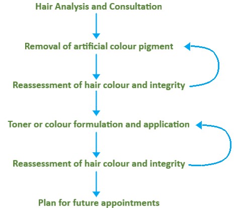 The six steps in a corrective colour service. After reassessing hair colour and integrity, you may have to go back a step.