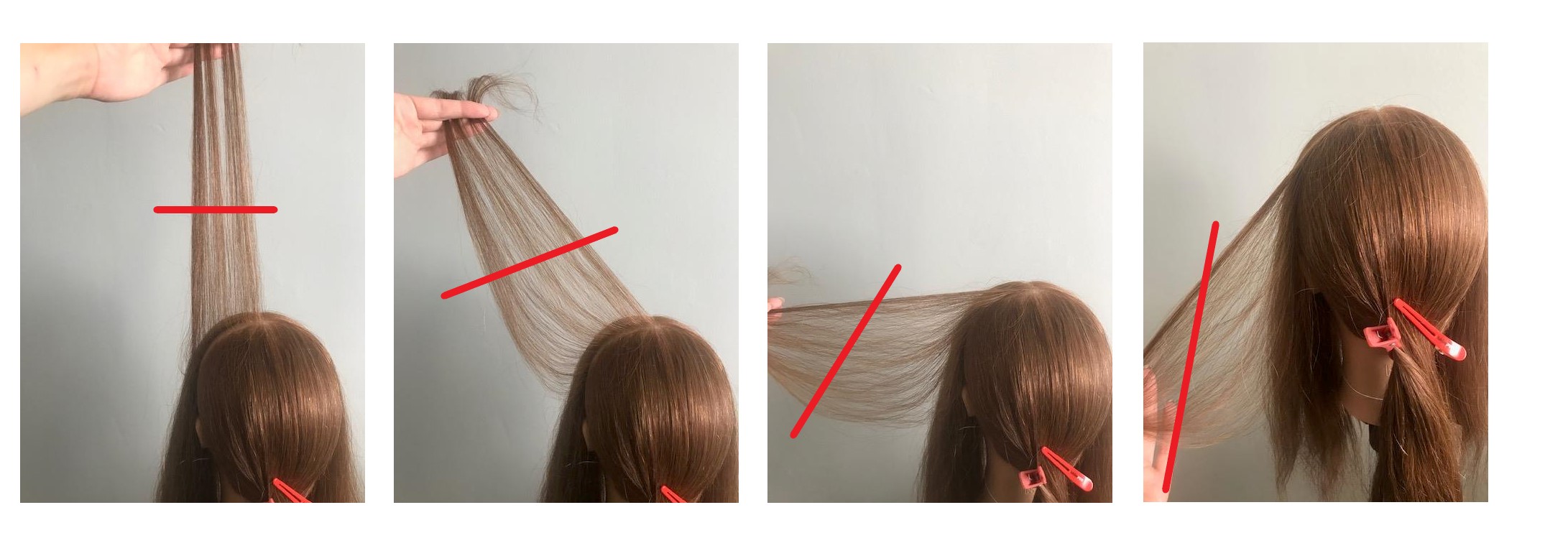 Four pictures showing how a line moves depending on the angle that a section of hair is pulled at.
