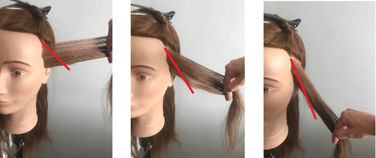 A section of hair on the side of the head is projected at a 90 degree angle. A diagonal applciation is used.