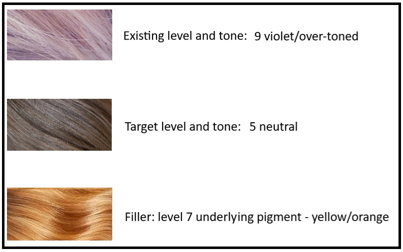 Existing level and tone is 9 violet- overtoned. Target level and tone is 5 neutral. Filler is level 7, underlying pigment yellow-orange.