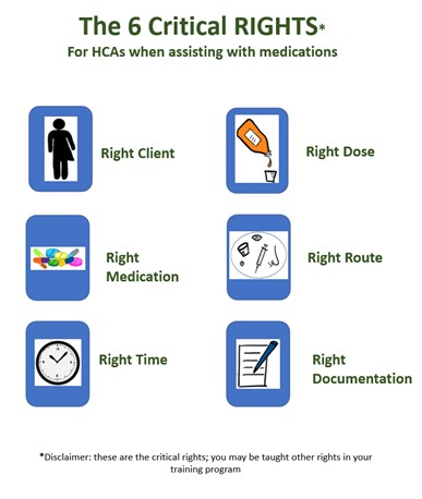 right client, right dose, right medication, right route, right time, right documentation. These are critical rights, you may be taught other rights in your training program
