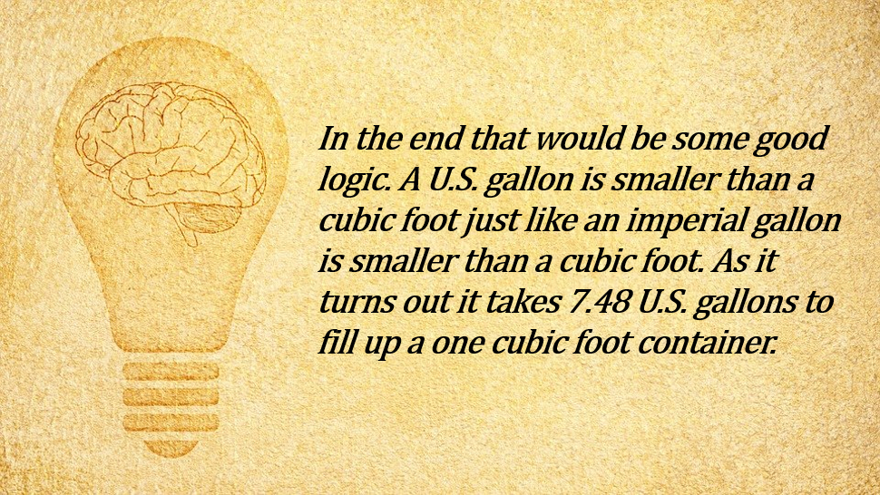 A US gallon is smaller than a cubic foot. It takes 7.48 US gallons to fill up a one cubic foot container.