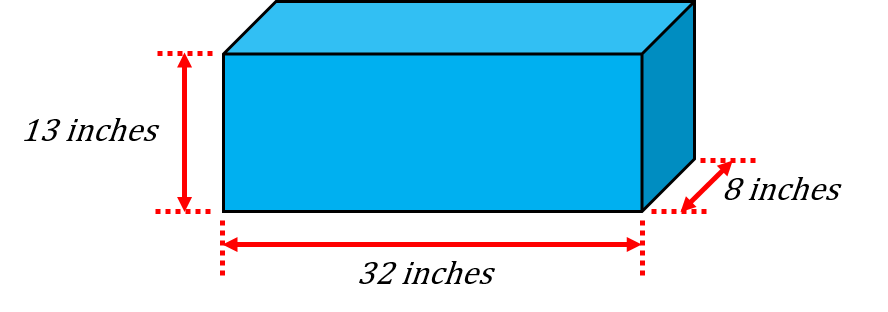 A rectangle with a height of 13 inches, width of 8 inches, and length of 32 inches.