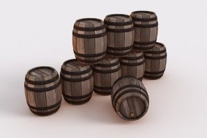 Nine barrels made of dark wood.