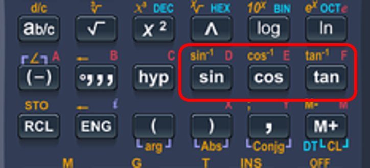 Sin, Cos and Tan buttons. Above them are the inverse sin, inverse cos, and inverse tan respectively. Press shift to access.