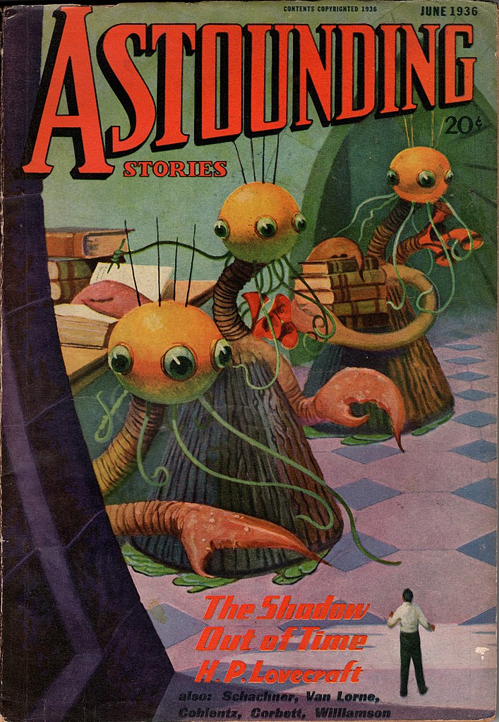 Cover of a pulp magazine Astounding Stories from June 1936. A man confronts 3 eyed monsters with claws.