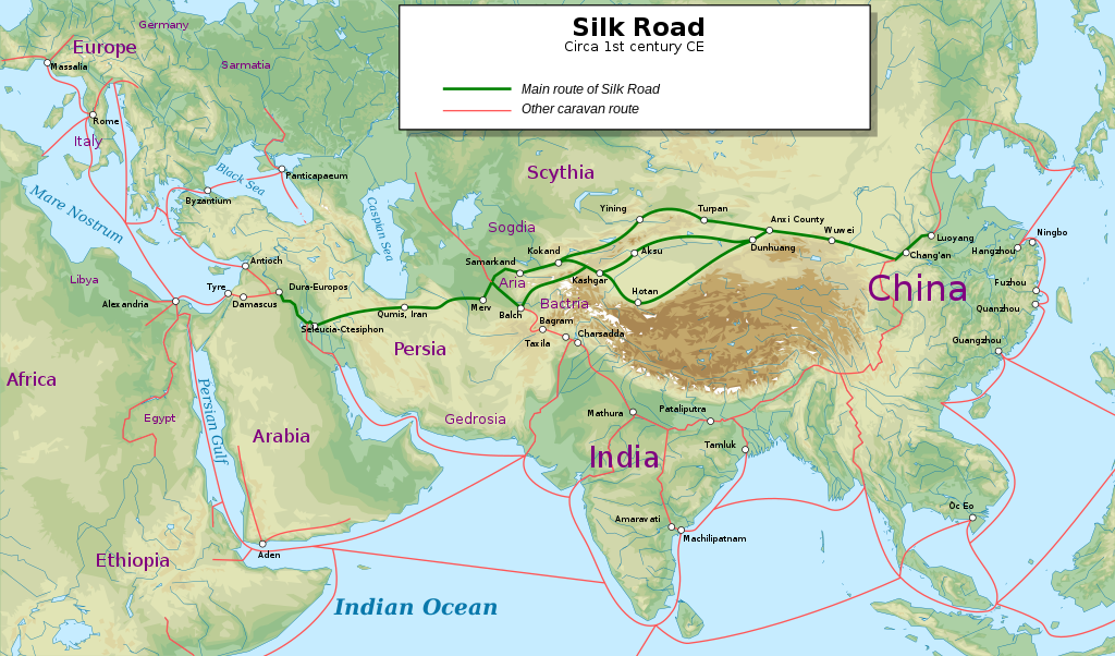 The Silk Road and other caravan routes of Eurasia in the 1st century A.D.