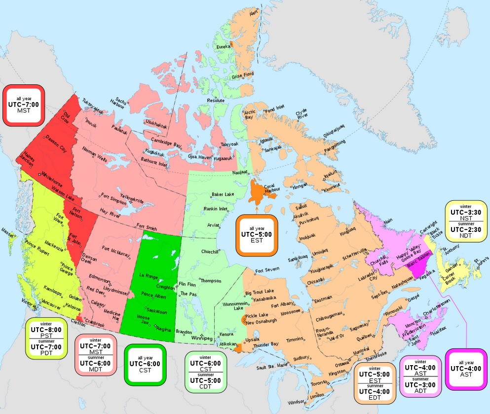 Map showing the division of six time zones in Canada.